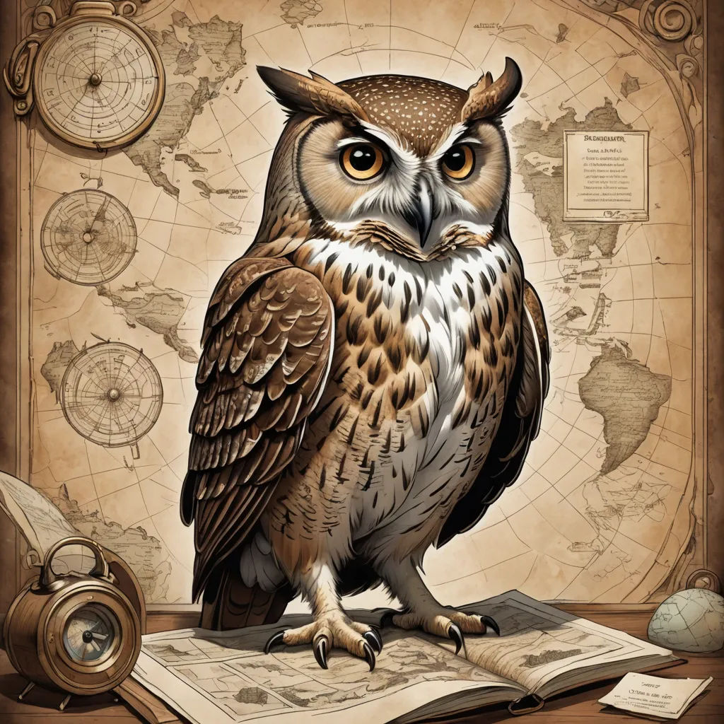 a drawing of an owl sitting on top of a book with a map in the background and a compass, fantasy art, a storybook illustration, Dan Mumford, highly detailed digital painting