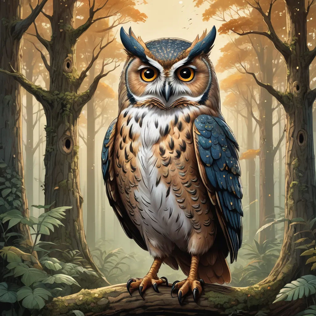 a painting of an owl sitting on a branch in a forest with trees and leaves around it, with a yellow light shining on the background, fantasy art, a digital painting, Dan Mumford, highly detailed digital painting