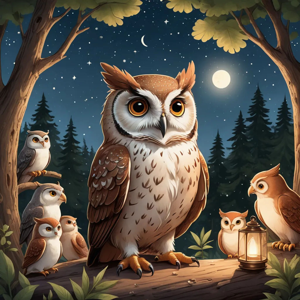 a group of owls sitting on a log in the woods at night with a full moon in the background, fantasy art, a storybook illustration, Dan Mumford, rossdraws global illumination