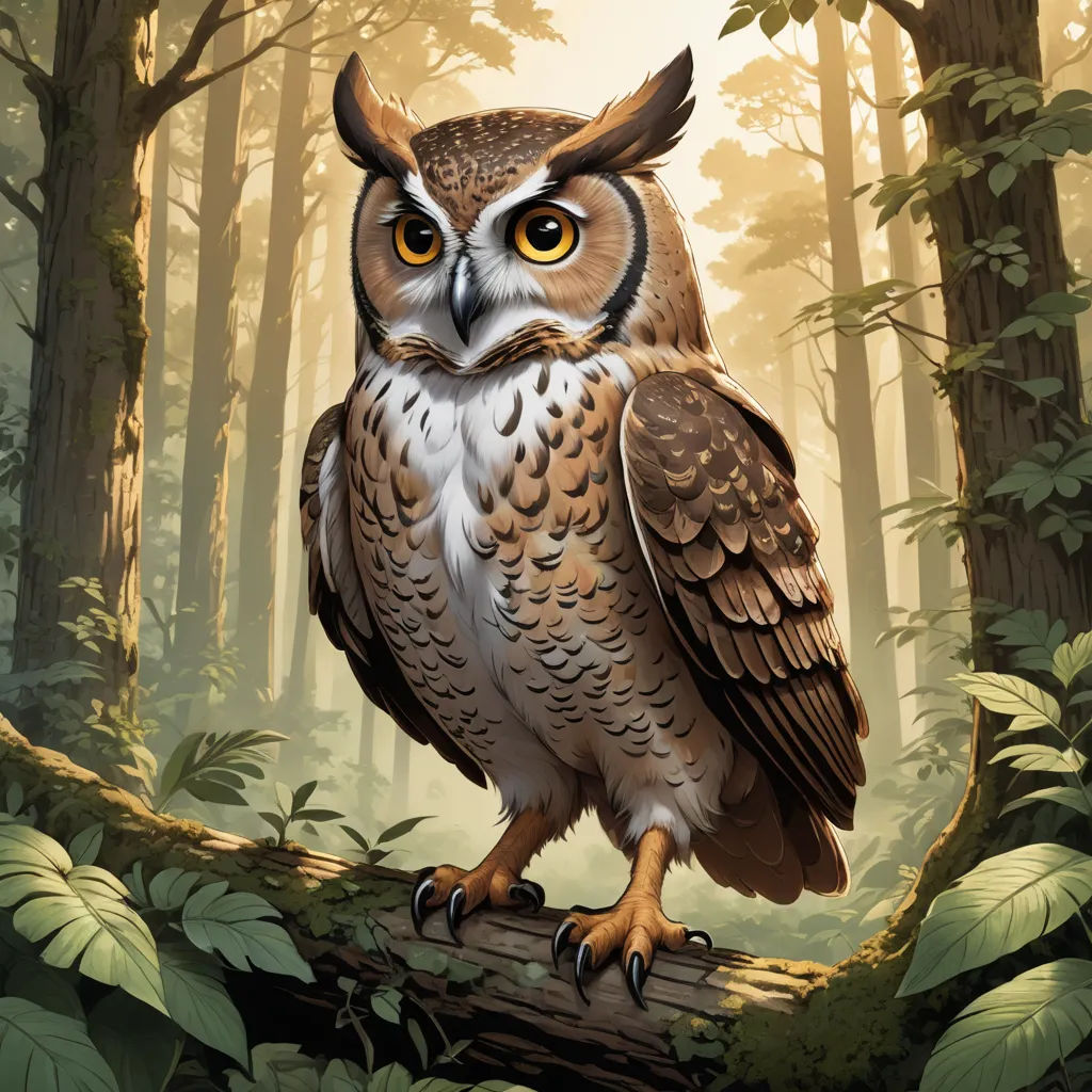 a painting of an owl sitting on a log in a forest with trees and leaves around it, with a yellow - eyed owl in the foreground, fantasy art, a storybook illustration, Chris LaBrooy, magic the gathering artwork