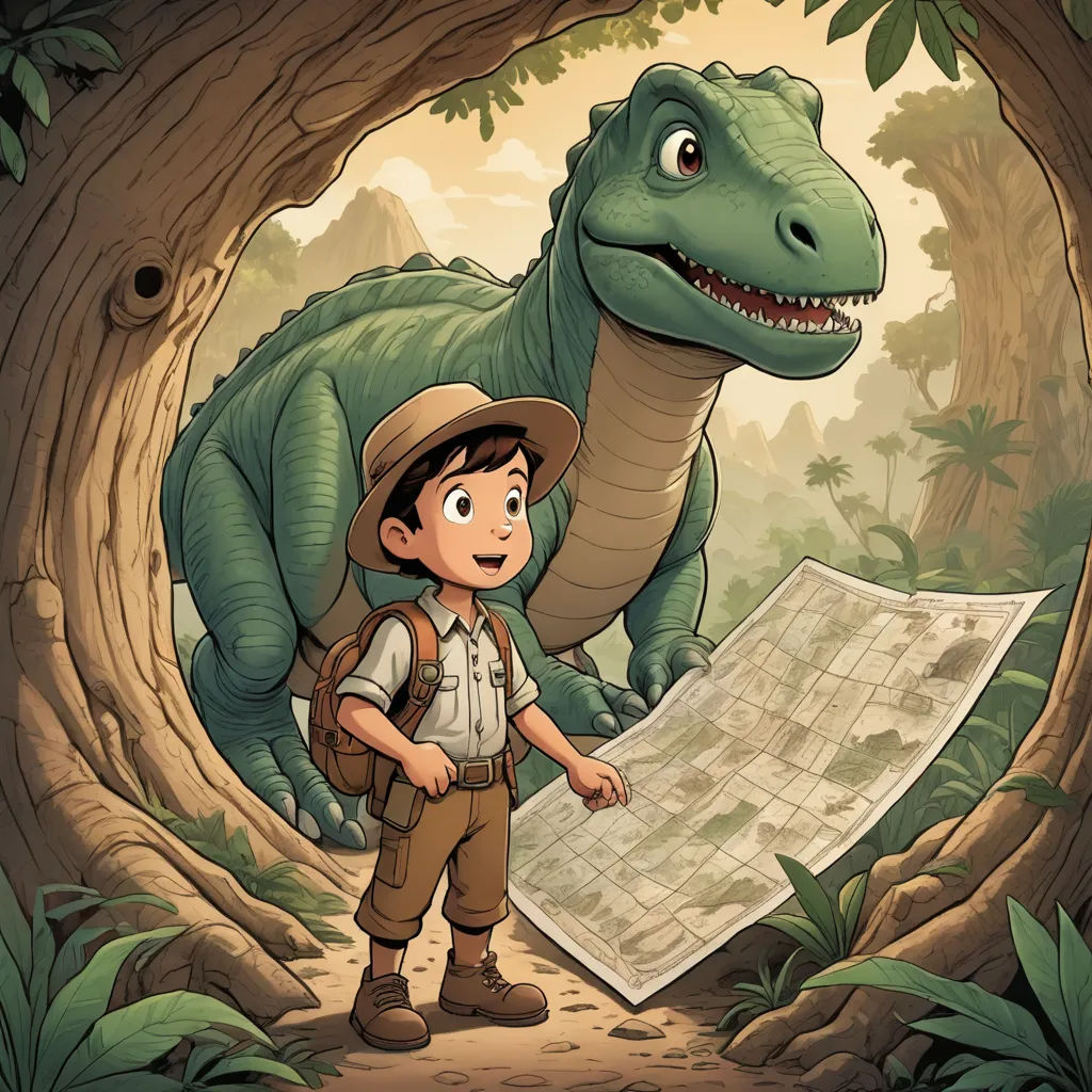 a boy standing in front of a dinosaur in a forest with a map in his hand and a backpack on his shoulder, process art, a storybook illustration, Adam Rex, rossdraws global illumination