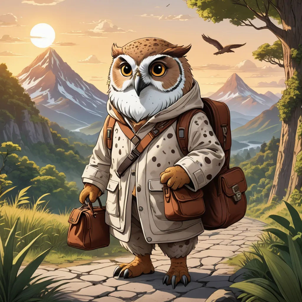 a cartoon owl with a backpack and a backpack on a path in the mountains with a bird flying overhead, fantasy art, a storybook illustration, Chris LaBrooy, official art