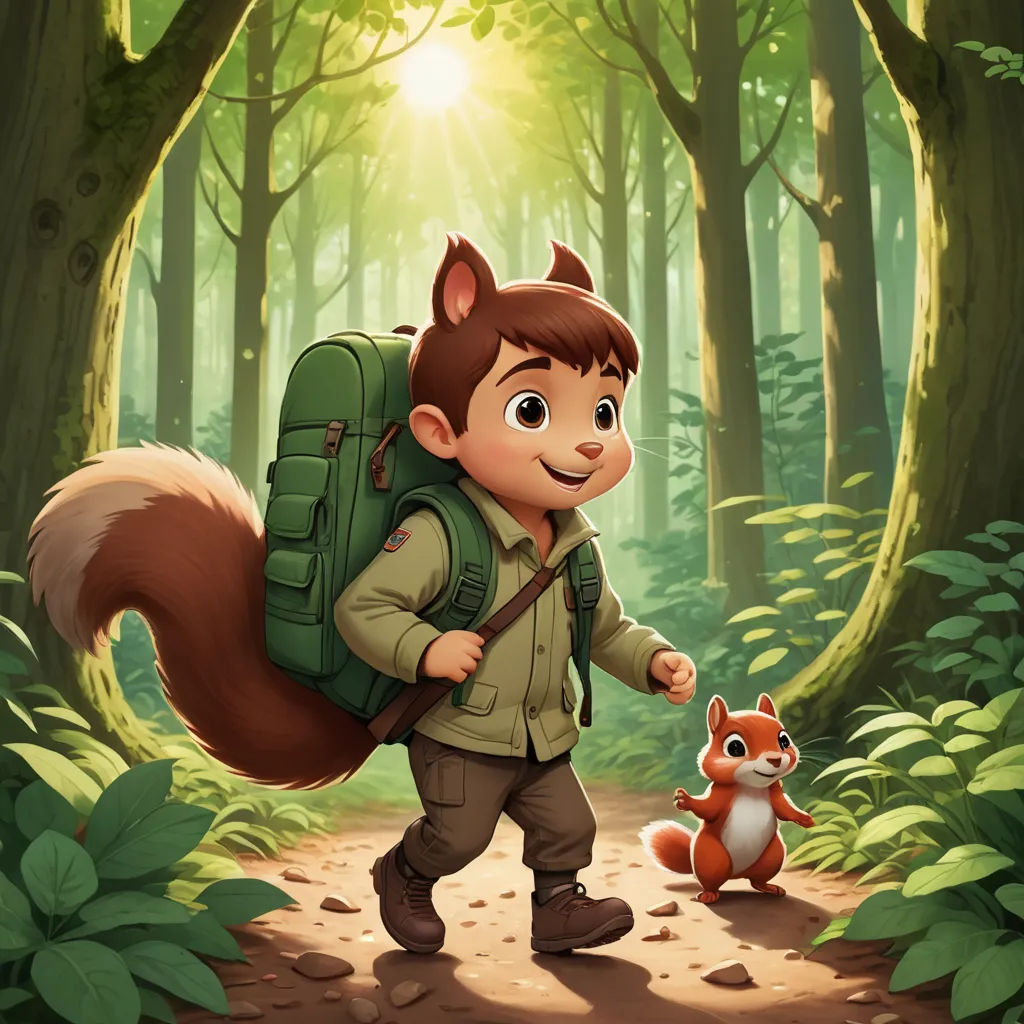 a boy with a backpack and a squirrel in the woods with sunlight coming through the trees and leaves on the ground, sots art, a storybook illustration, Diego Gisbert Llorens, promotional image