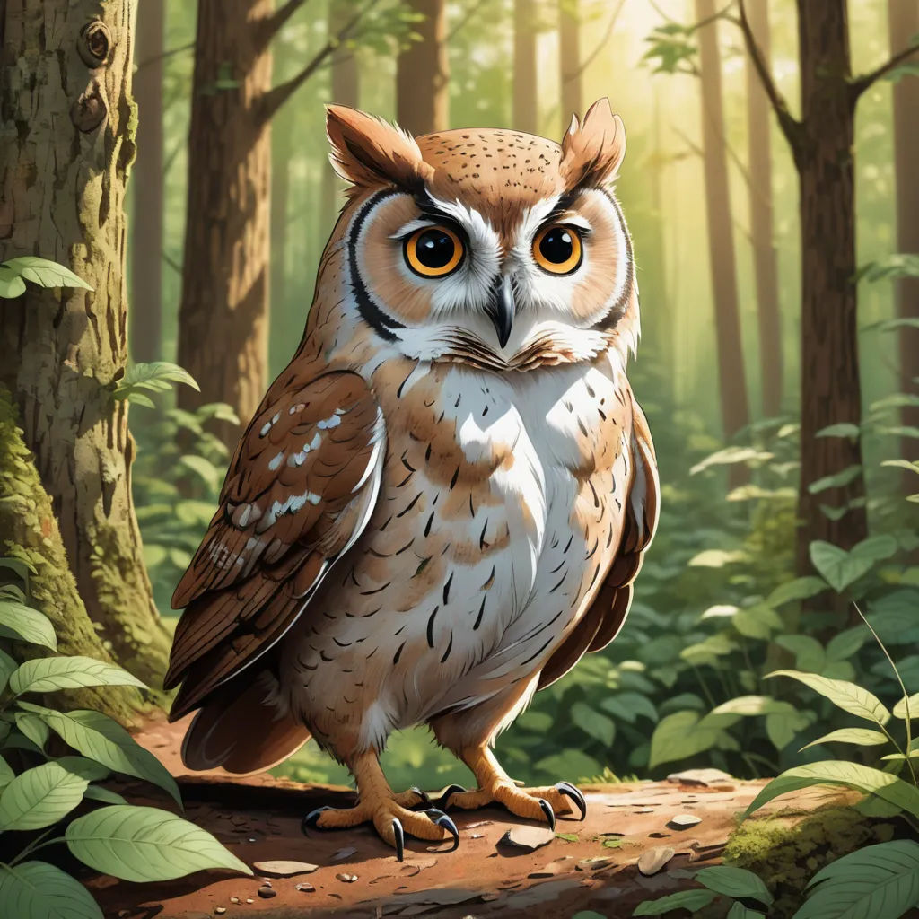 a painting of an owl sitting on a log in a forest with green leaves and trees around it, with a bright yellow eye, fantasy art, a storybook illustration, Chris LaBrooy, official art