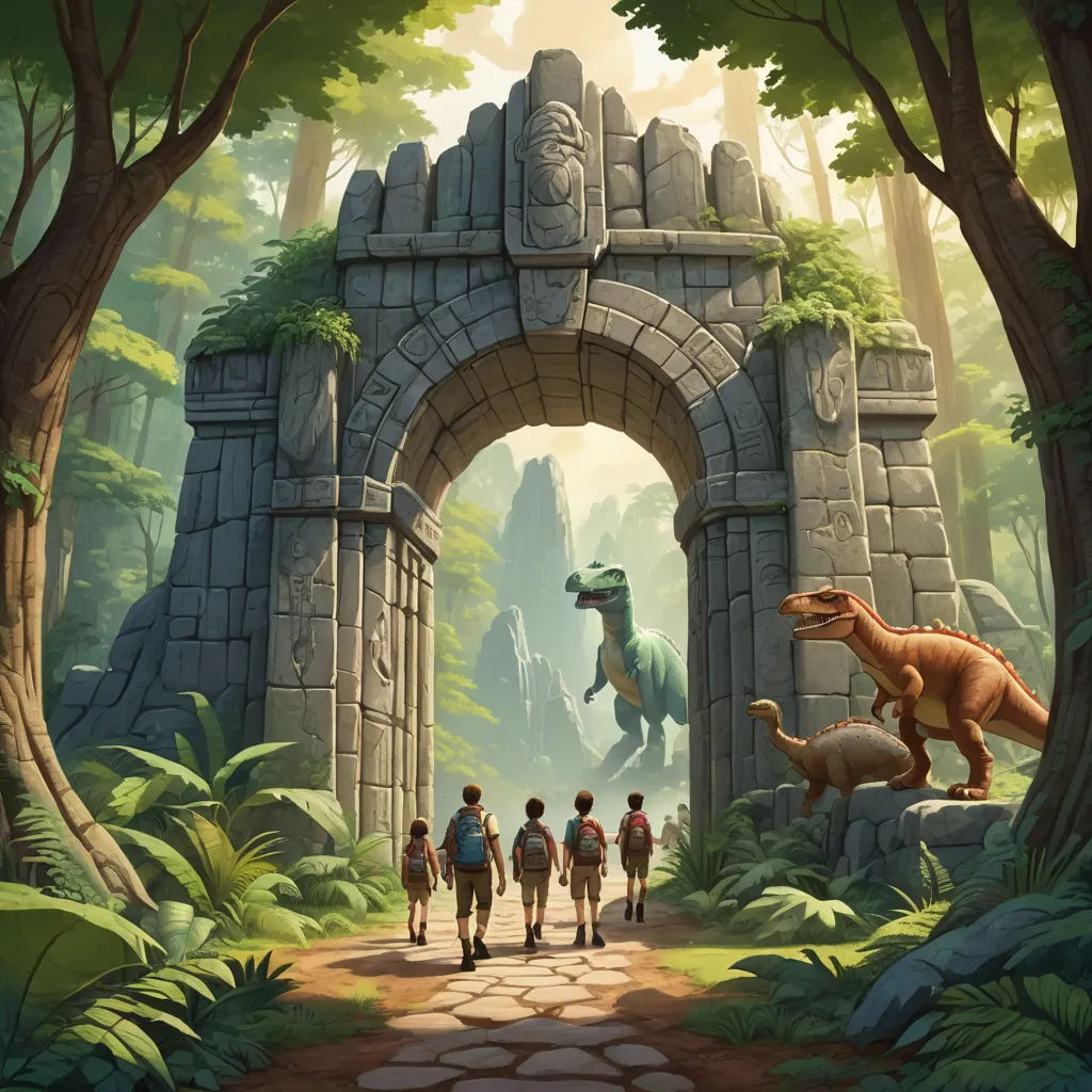a group of people walking through a forest next to a dinosaur tunnel with a t - rex on it, fantasy art, a detailed matte painting, Adam Rex, rossdraws global illumination