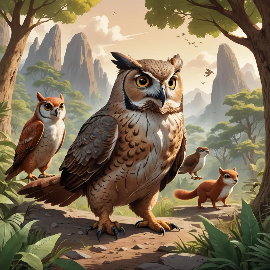 a painting of an owl and two foxes in a forest with mountains in the background and trees and bushes, fantasy art, a storybook illustration, Chris LaBrooy, magic the gathering artwork