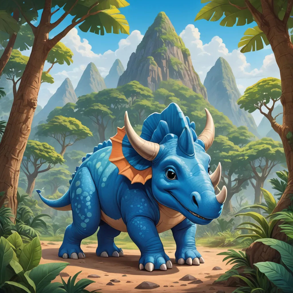 a blue dinosaur with a large horn in a jungle setting with mountains and trees in the background, and a mountain range in the background, lyco art, concept art, Adam Rex, magic the gathering artwork
