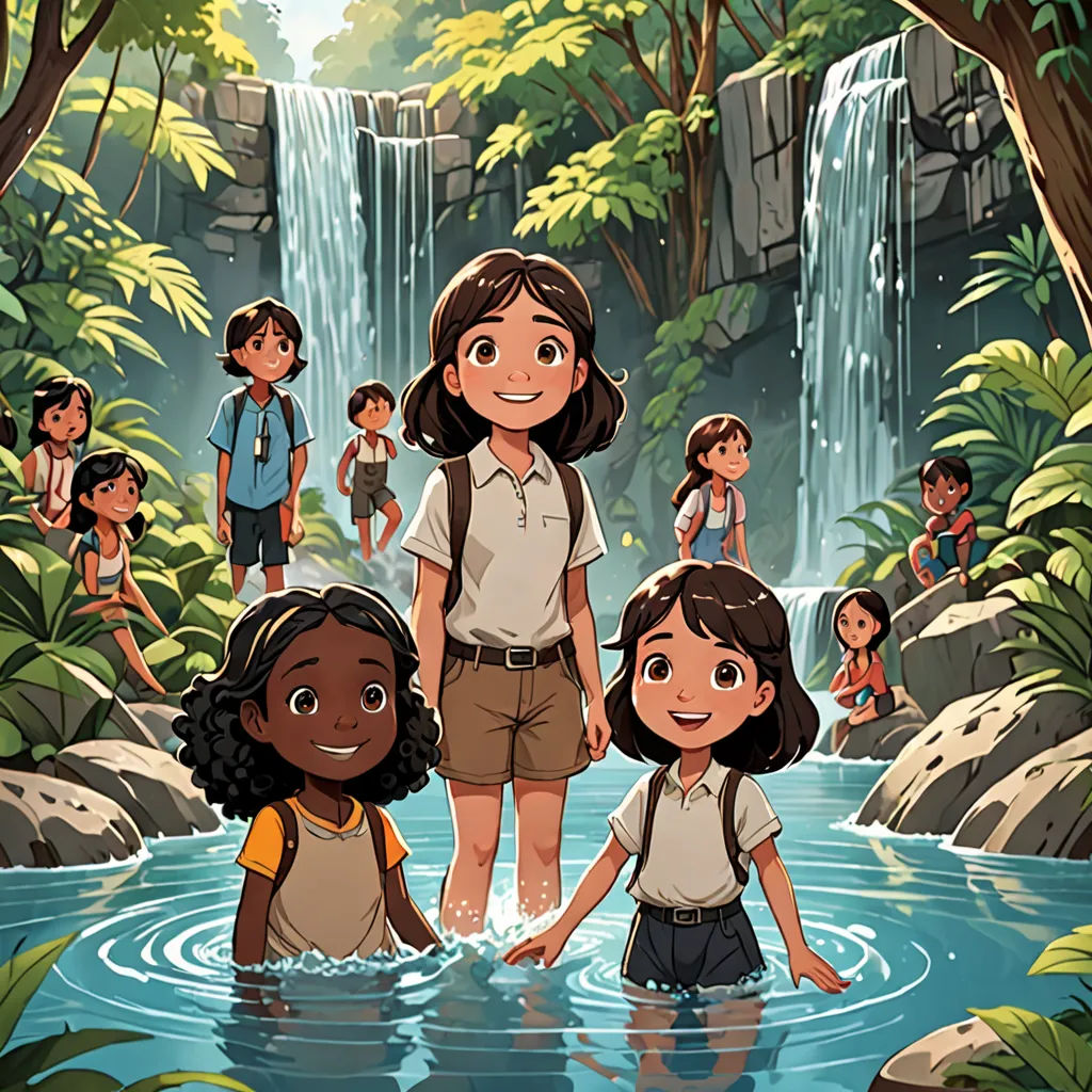 a group of children standing in a river next to a waterfall with a waterfall in the background and a man standing in the water, serial art, a storybook illustration, Cliff Childs, official art