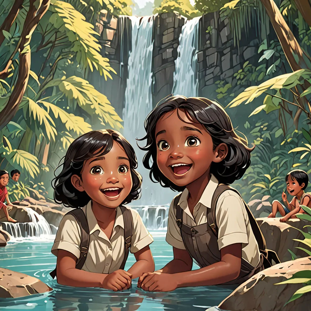 two children are sitting in the water near a waterfall and a waterfall is in the background with people swimming in the water, serial art, a storybook illustration, Brothers Hildebrandt, cushart krenz