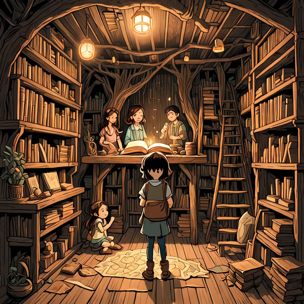 a cartoon of a girl standing in a library with a book on the shelf and a group of children sitting on the floor, fantasy art, a storybook illustration, Diego Gisbert Llorens, rossdraws global illumination