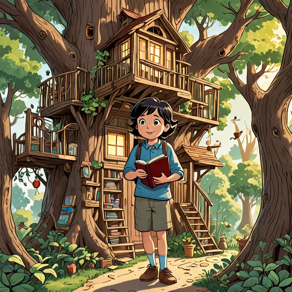 a boy standing in front of a tree house with a book in his hands and a ladder up to it, fantasy art, a storybook illustration, Diego Gisbert Llorens, official art