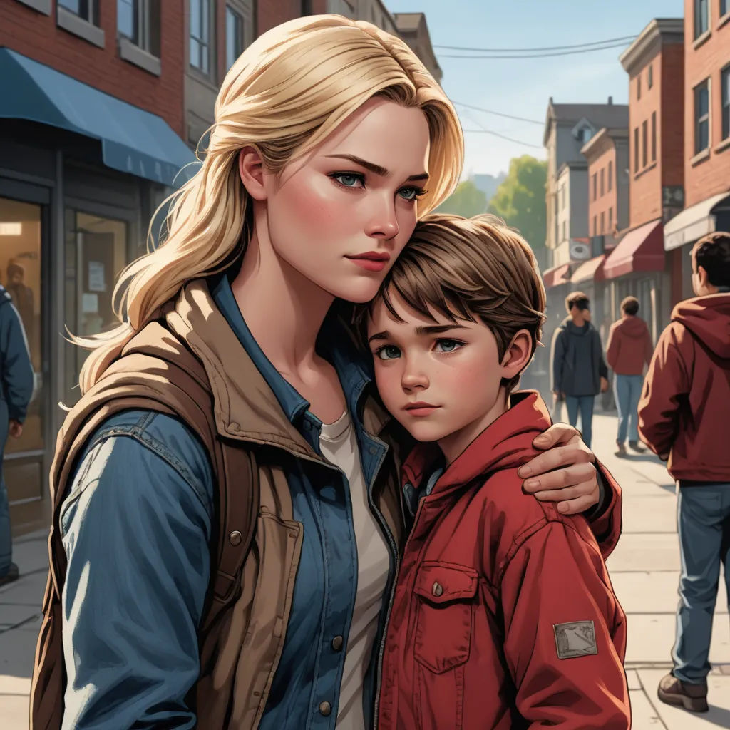 a woman and a boy are standing on a street corner together, both looking at the camera and the boy is hugging his shoulder, american scene painting, a comic book panel, Elizabeth Forbes, official art