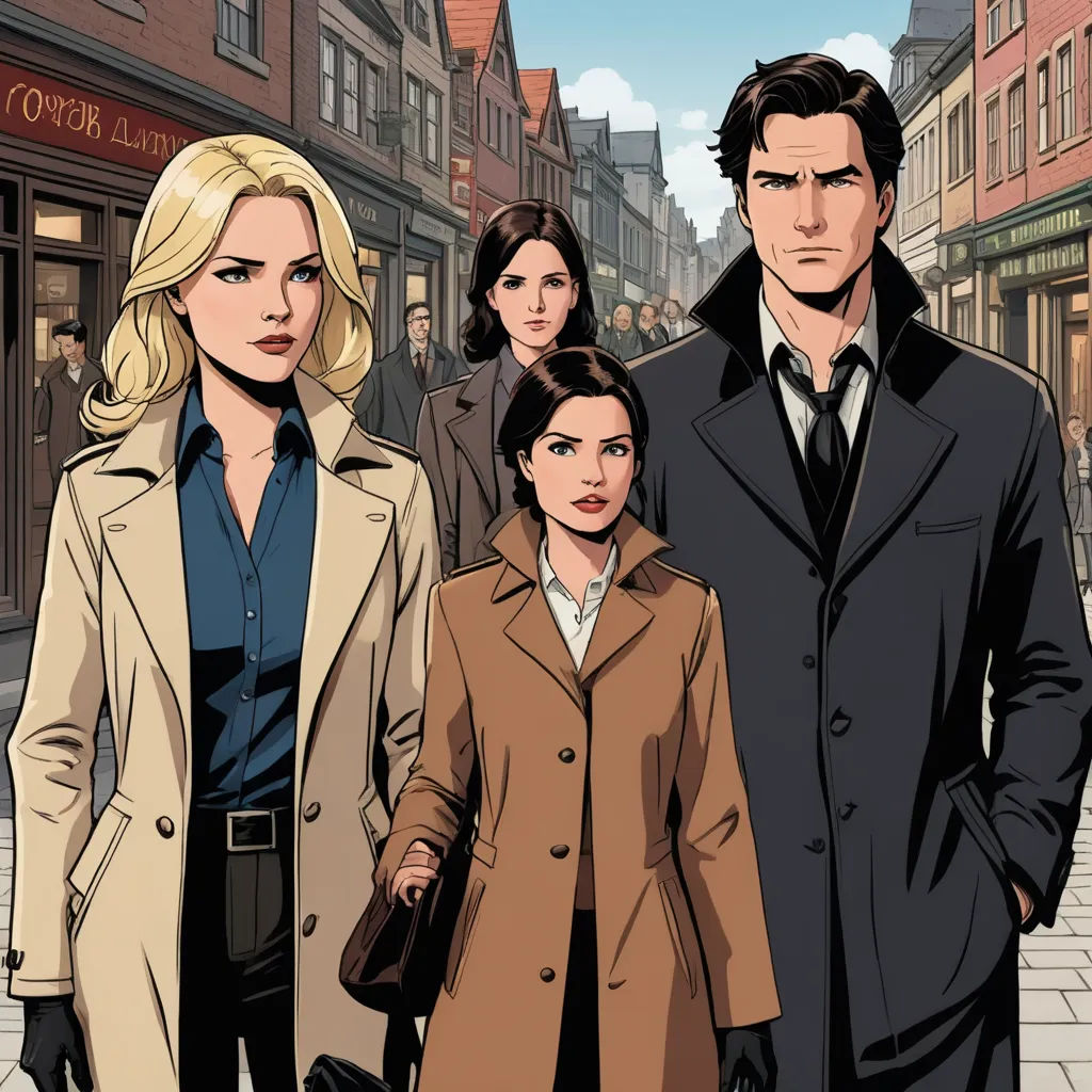 a group of people walking down a street next to each other in a cartoon style, with a man in a trench coat, symbolism, a comic book panel, Cliff Childs, official art