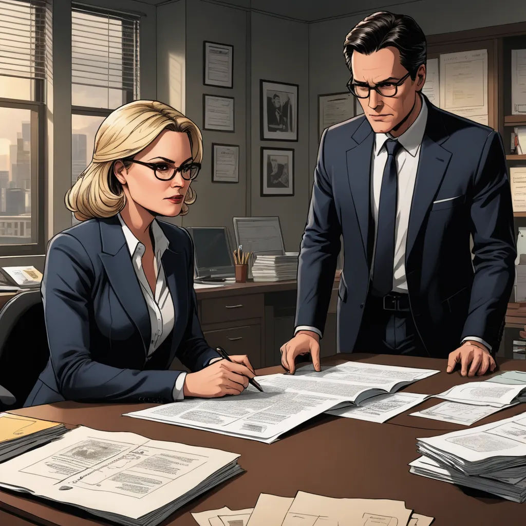 a man and woman in a suit and glasses are looking at papers on a desk in an office setting, serial art, a comic book panel, Everett Warner, official art