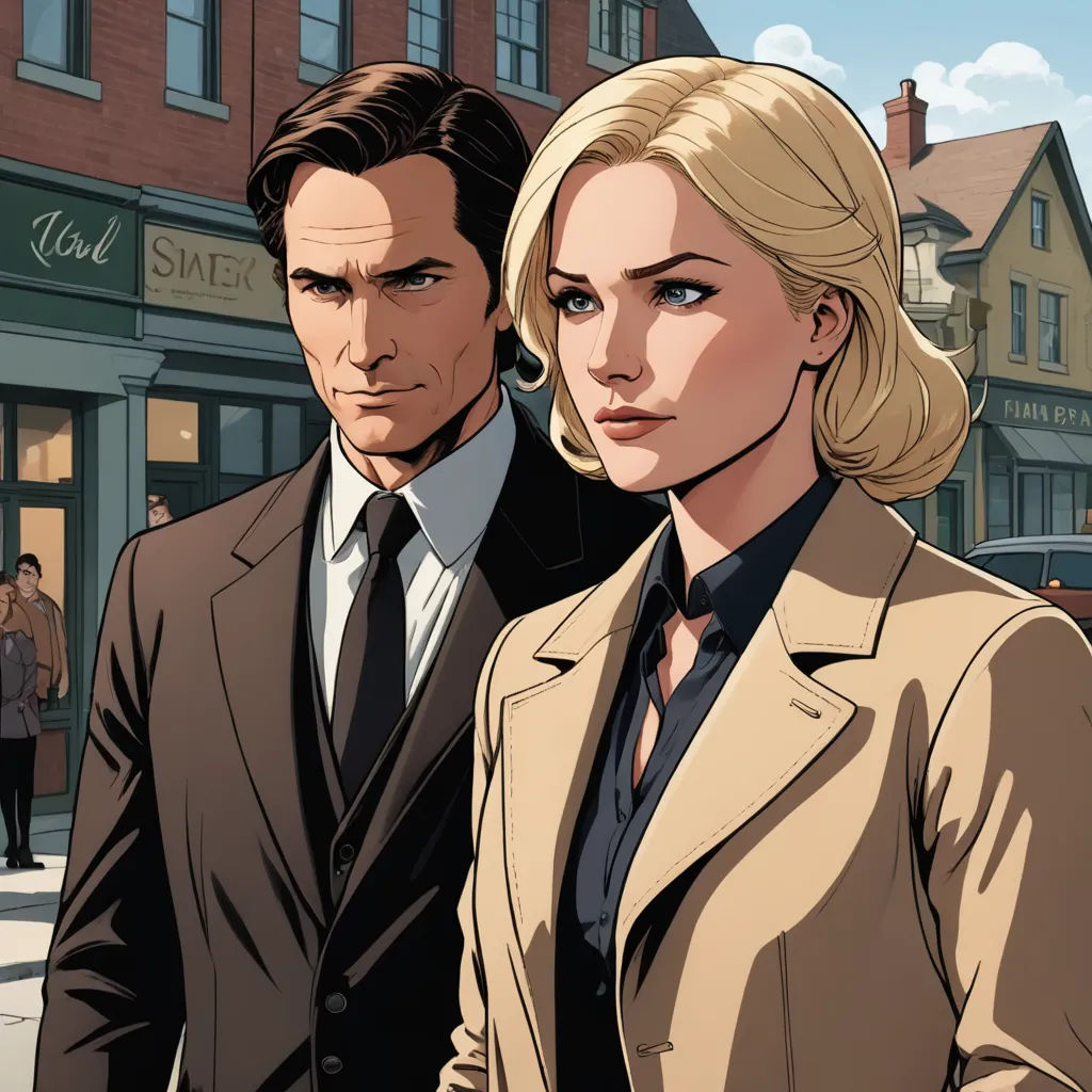 a man and a woman standing in front of a building on a street corner with a man in a suit and tie, international gothic, a comic book panel, Colin Middleton, promotional image