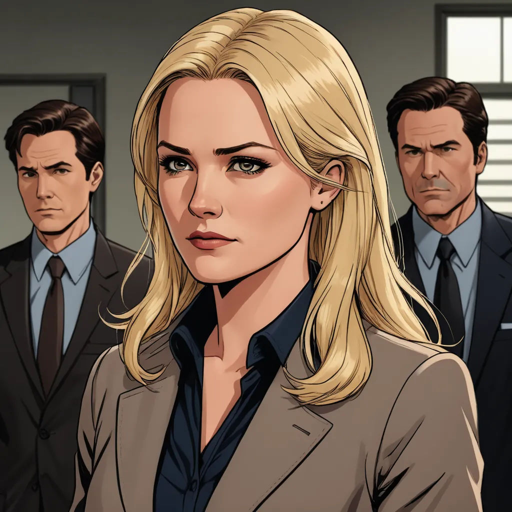 a woman in a suit standing in front of a man in a suit and tie in a room with two men, serial art, a comic book panel, Eve Ryder, official art