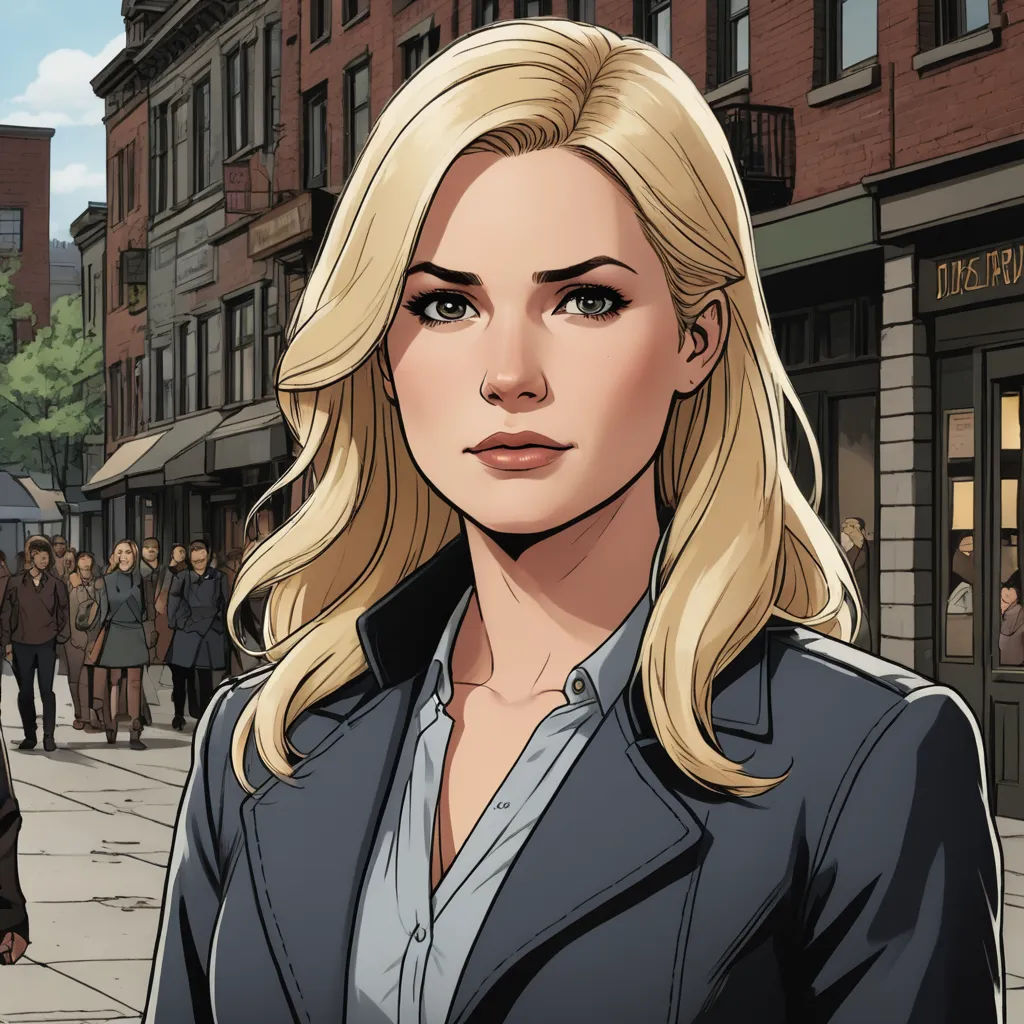 a woman in a suit standing on a street corner with a crowd of people behind her and a man in a suit, photorealism, a comic book panel, Constance Gordon-Cumming, key art