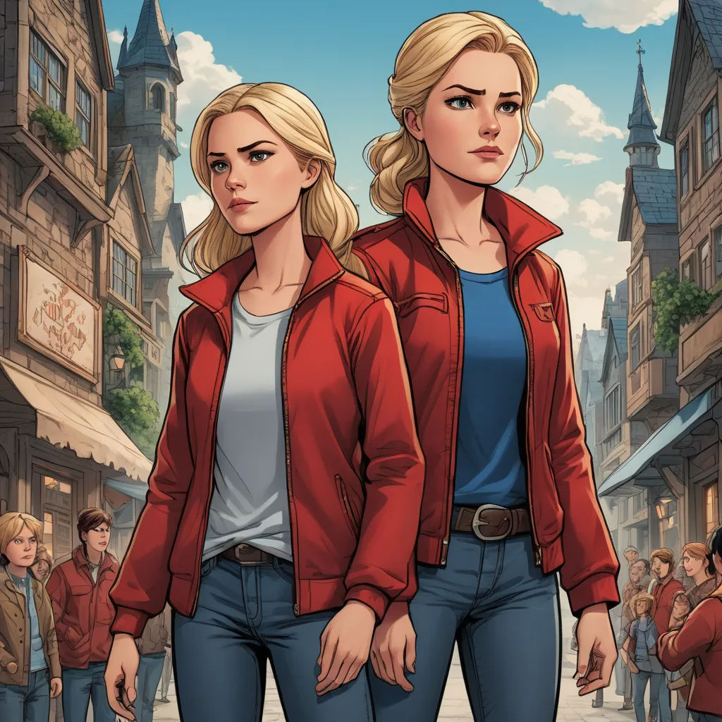 a couple of women standing next to each other on a street near a crowd of people and buildings with a clock tower in the background, antipodeans, a comic book panel, Brothers Hildebrandt, comic cover art