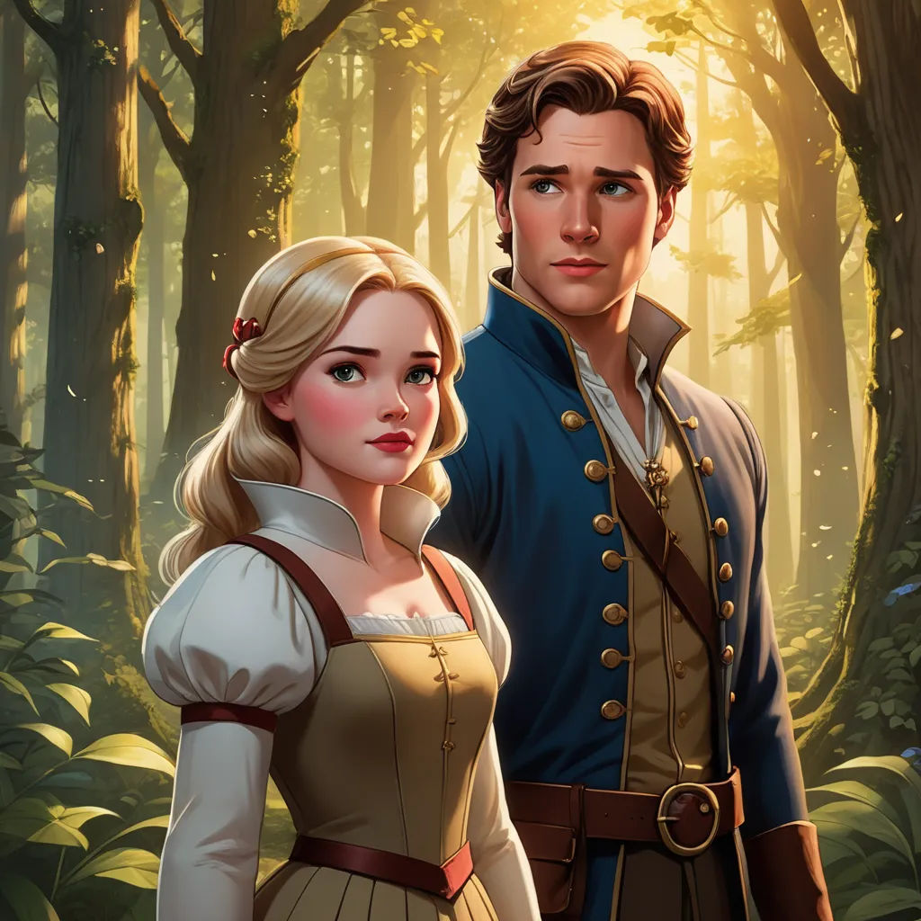 a man and a woman in a forest with trees and sunlight shining through the trees and leaves on the ground, fantasy art, a storybook illustration, disney, rossdraws global illumination