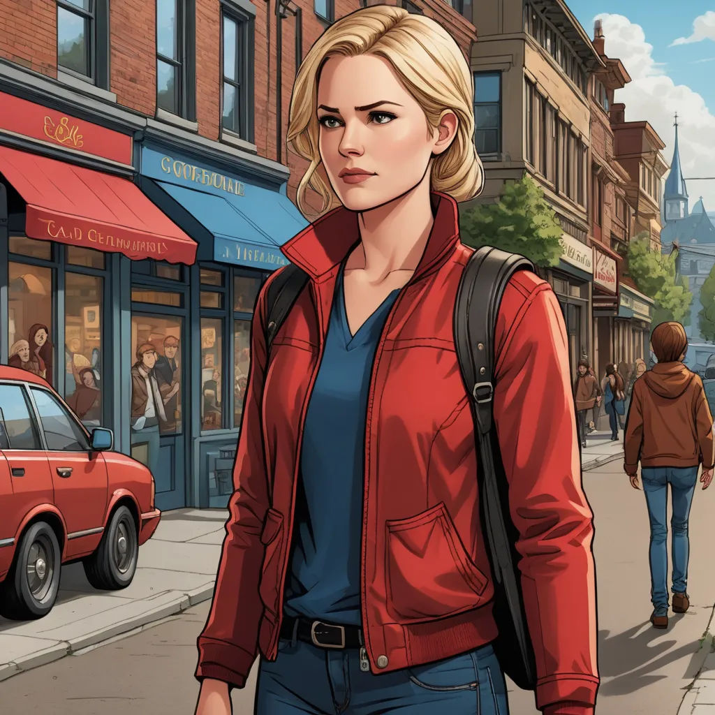 a woman in a red jacket is walking down the street with a backpack on her shoulder and a red car parked on the side of the street, american scene painting, a character portrait, Eve Ryder, official art