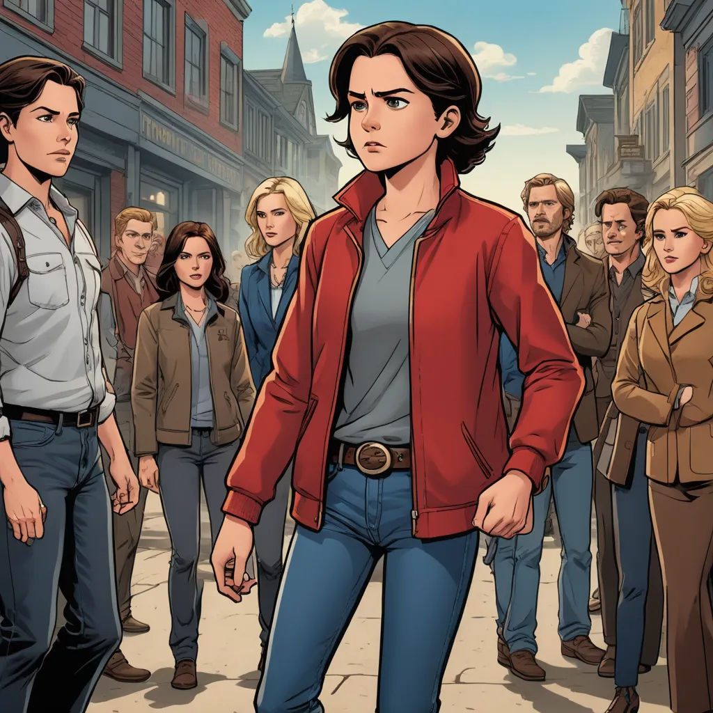 a woman standing in front of a crowd of people on a street with a red jacket on and a man in a blue shirt, process art, a comic book panel, Ada Gladys Killins, official art