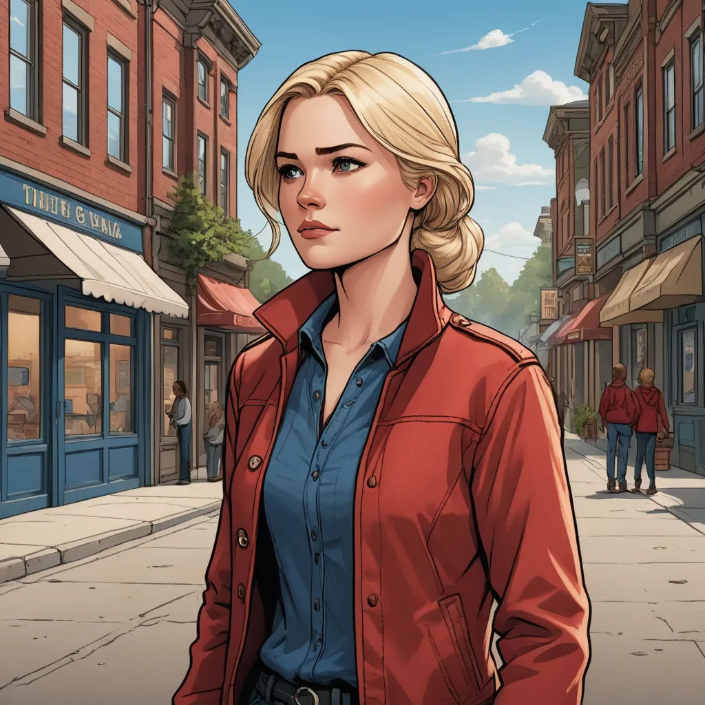 a woman in a red jacket is standing on a street corner with a man in a red jacket and a woman in a blue shirt, american scene painting, a character portrait, Constance Gordon-Cumming, key art