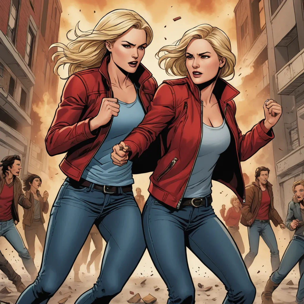 a couple of women are dancing in a street with a crowd of people behind them and a fire in the background, antipodeans, a comic book panel, Evan Charlton, comic cover art