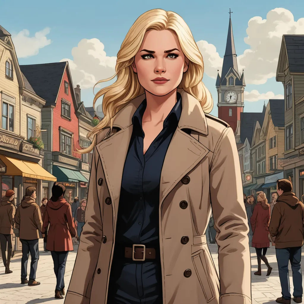 a woman in a trench coat is standing on a street with a clock tower in the background and people walking around, serial art, a character portrait, Edwin Georgi, key art