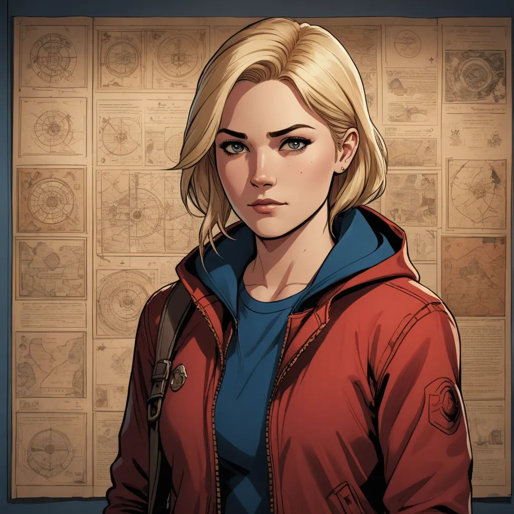 a woman in a red jacket standing in front of a wall with pictures on it and a backpack on her shoulder, space art, a character portrait, Artgerm, official art