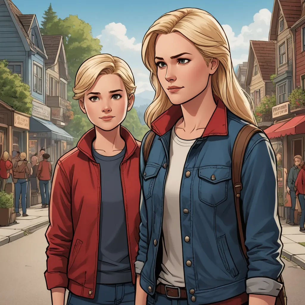 two women standing next to each other in front of a street with people walking by and a man standing next to them, american scene painting, concept art, Ada Gladys Killins, key art