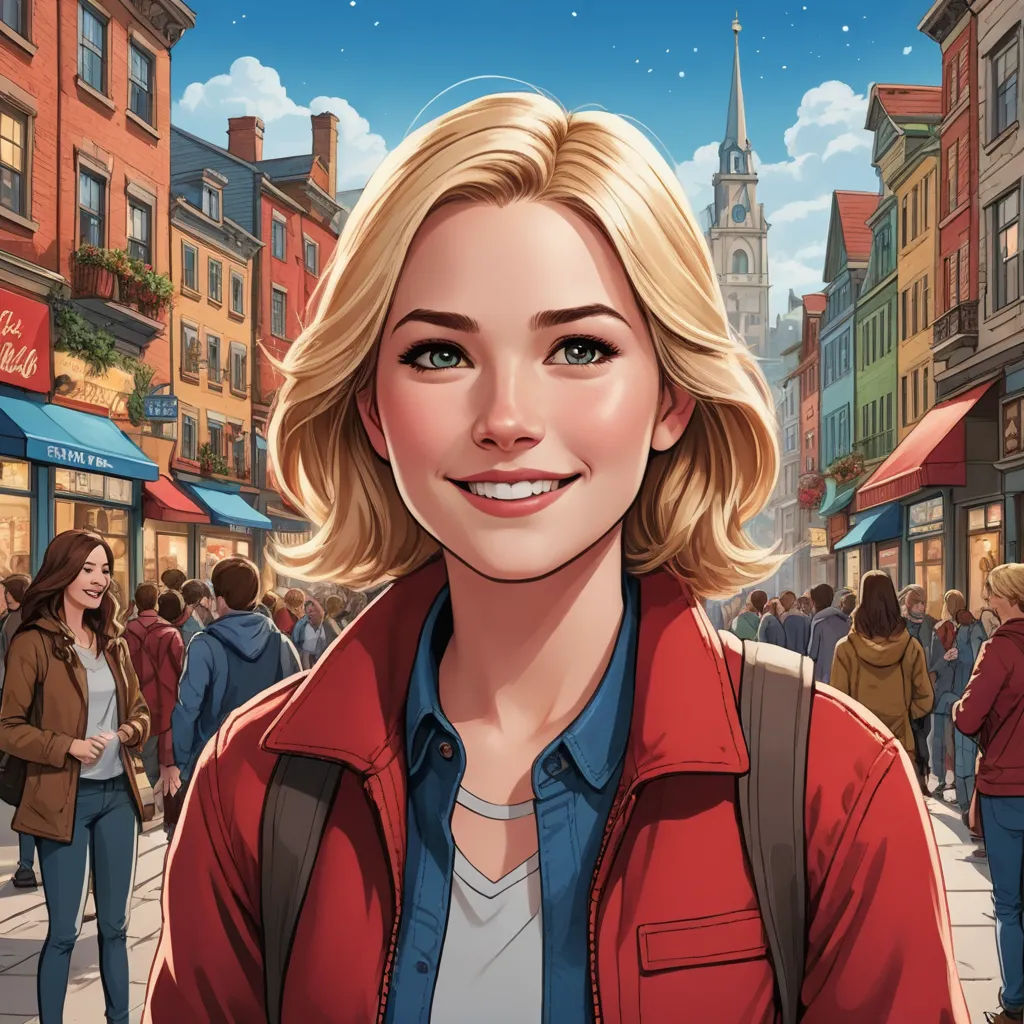 a woman standing in front of a crowd of people on a street with a clock tower in the background, american scene painting, a comic book panel, Constance Gordon-Cumming, key art