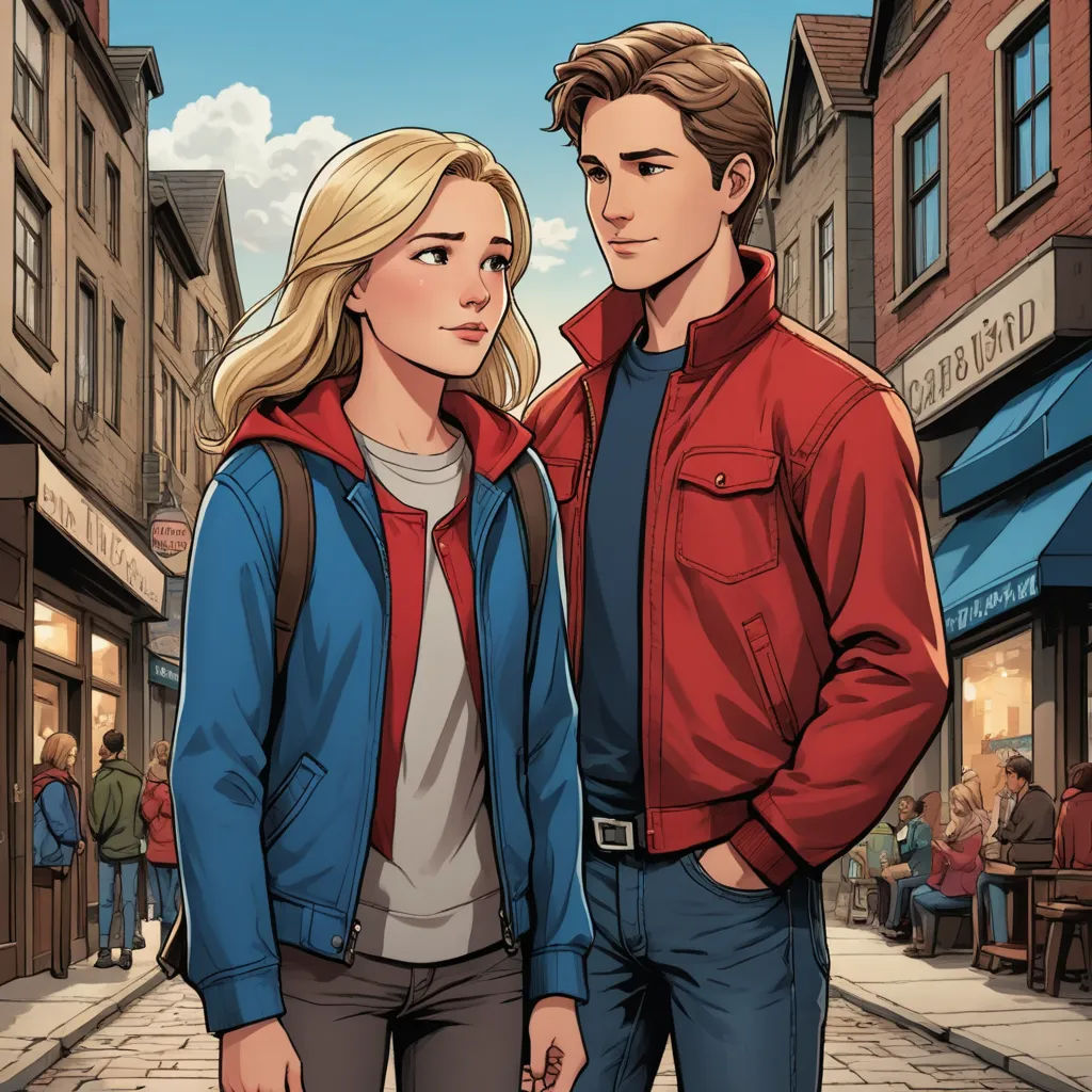a man and a woman standing next to each other on a street with buildings in the background and a sky background, private press, a comic book panel, Artgerm, official art