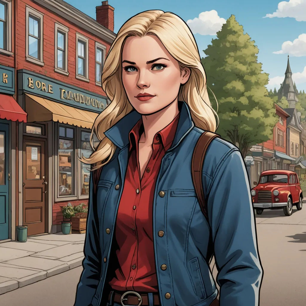 a woman in a blue jacket standing in front of a store front with a red shirt on and a brown backpack, american scene painting, a character portrait, Evan Charlton, key art