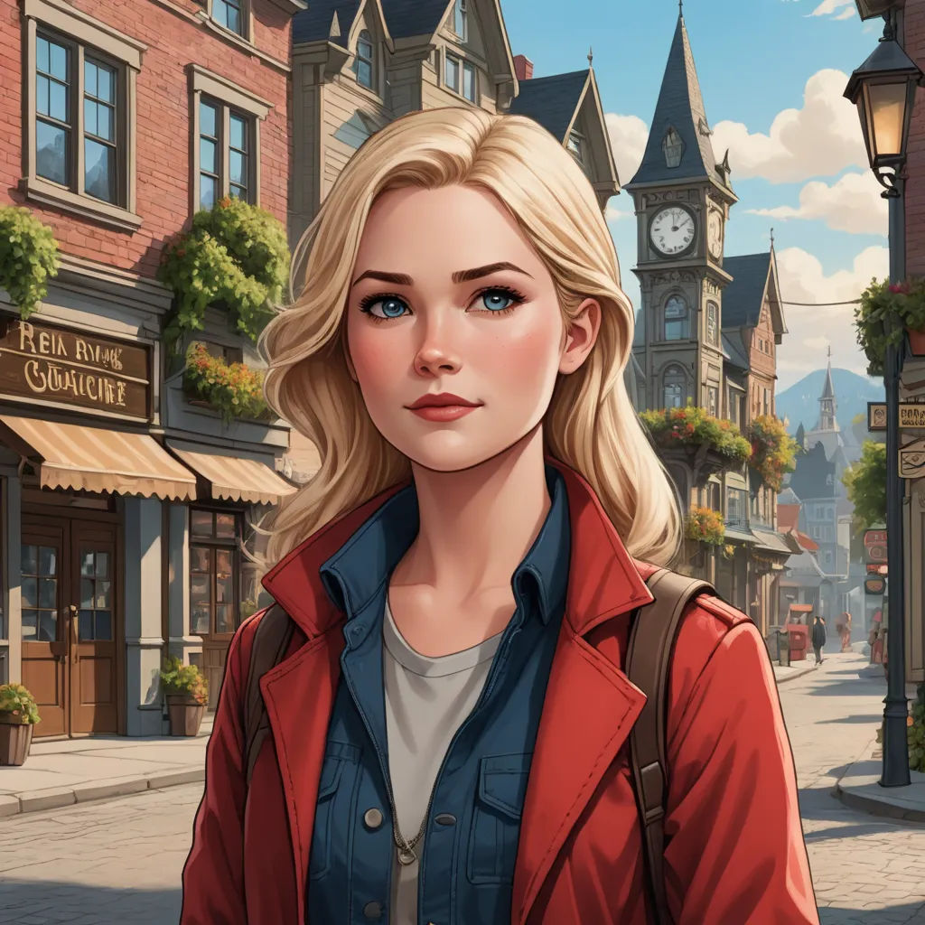 a woman standing in front of a clock tower on a street corner with a clock tower in the background, american scene painting, a character portrait, Constance Gordon-Cumming, kinkade