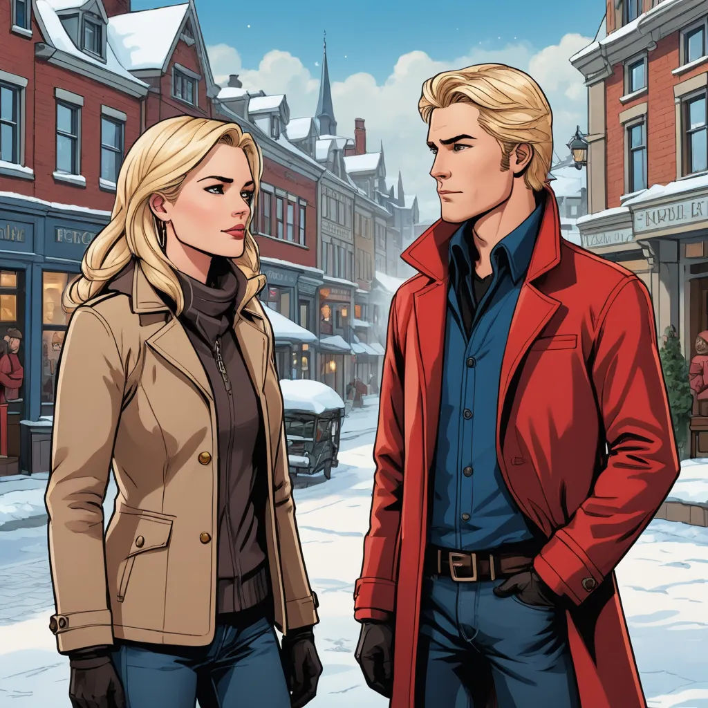a man and a woman standing in front of a building in the snow, looking at each other, with a city in the background, serial art, a comic book panel, Edwin Georgi, official art