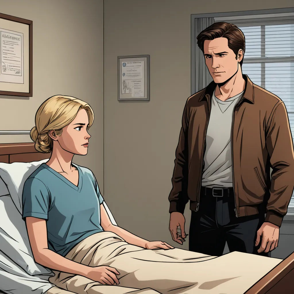 a man and a woman in a hospital bed looking at each other and talking to each other in a room, american scene painting, a comic book panel, Eve Ryder, promotional image
