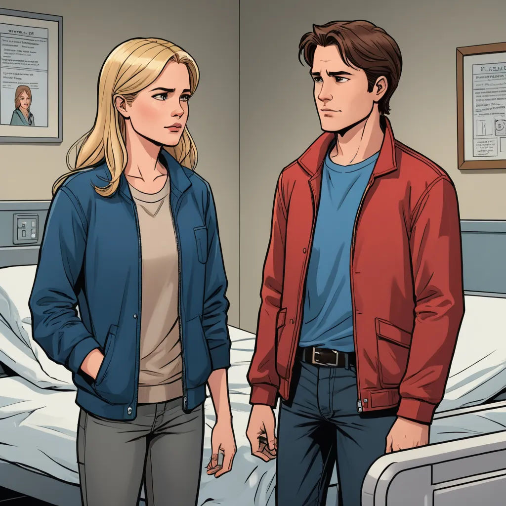 a man and a woman standing in a hospital room looking at each other and talking to each other,, serial art, a comic book panel, Clark Voorhees, graphic novel