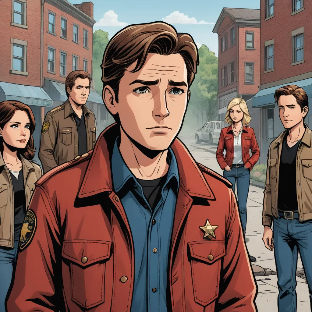 a man in a red jacket standing in front of a group of people in a city street with a police officer, american realism, a comic book panel, Clark Voorhees, graphic novel