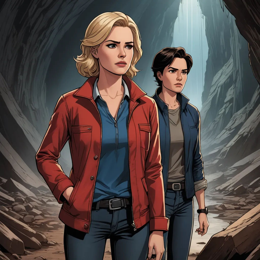 a couple of people standing in a cave with a waterfall in the background and a man standing next to them, serial art, a comic book panel, Eve Ryder, official art