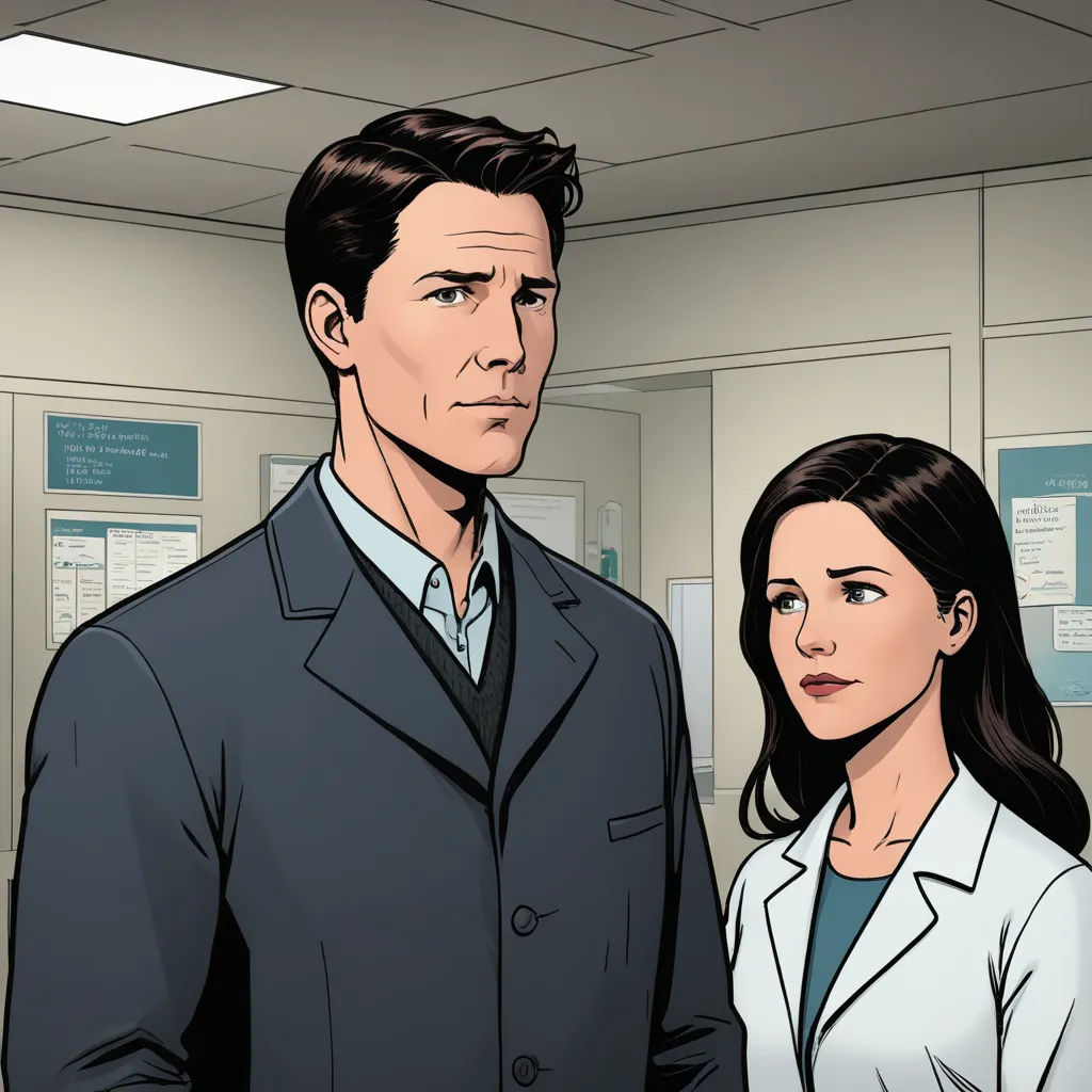 a man and a woman standing in a room with a wall of posters behind them and a man in a suit and tie, international gothic, a comic book panel, Clark Voorhees, graphic novel