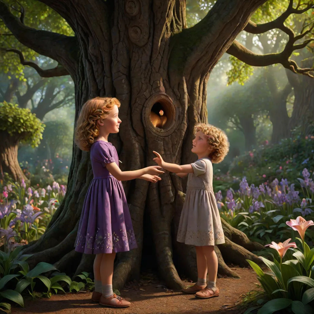 Lily's eyes grew wide with astonishment. 'A magical tree?', she echoed. Tom nodded, pointing to the hollow in the tree trunk. 'That's the entrance to a magical world.'