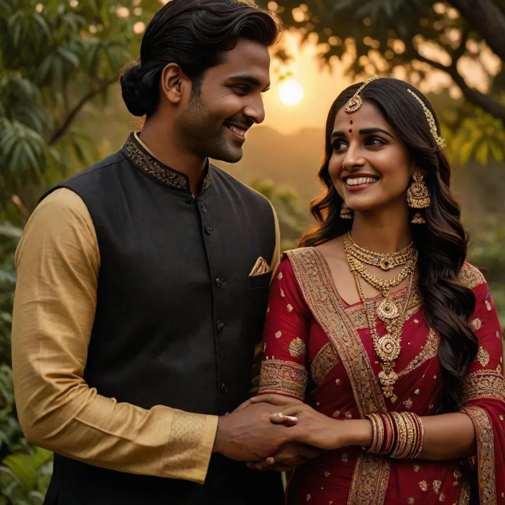 a man and woman standing next to each other in front of trees and bushes at sunset, smiling at each other, samikshavad, a picture, Bholekar Srihari, promotional image