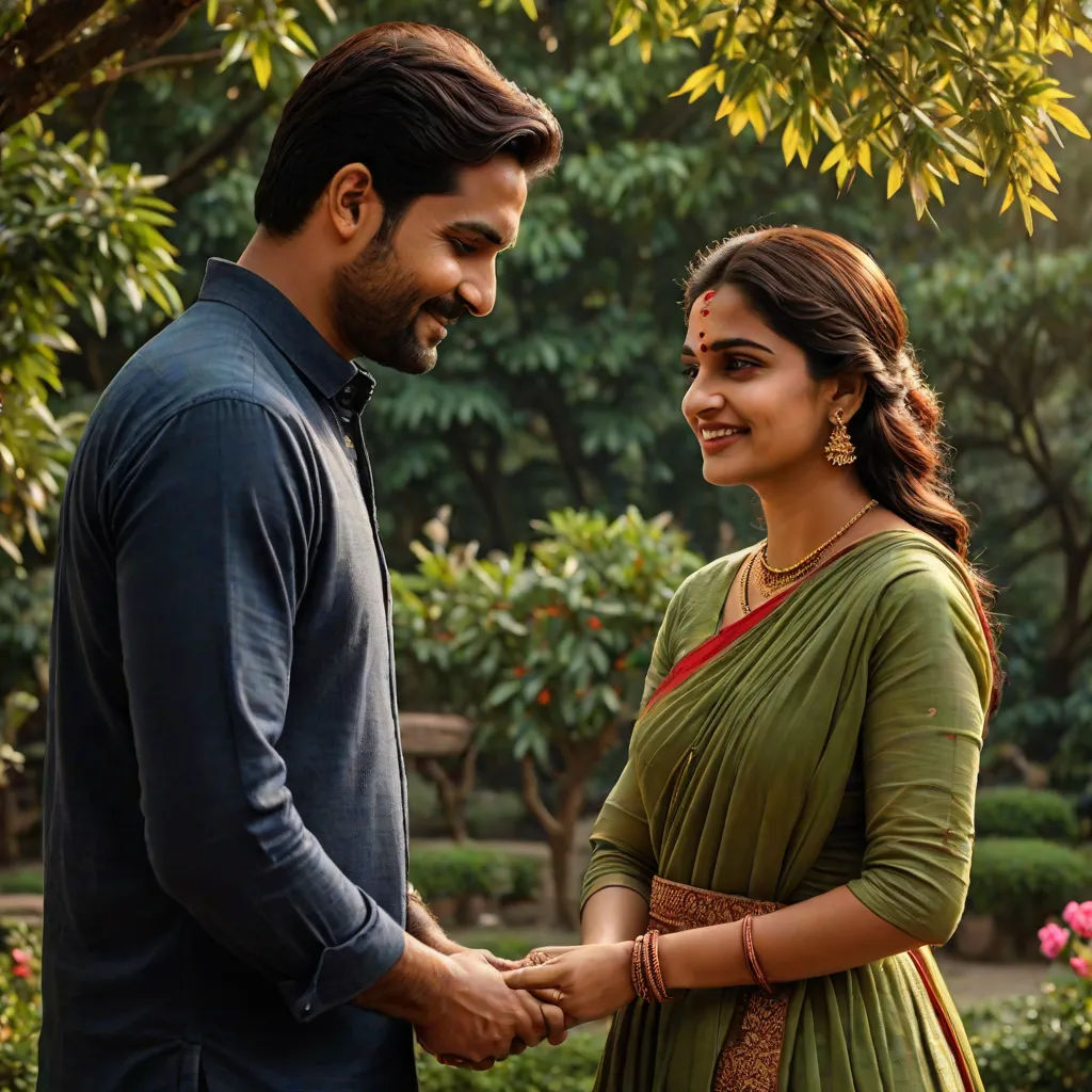 a man and woman standing next to each other in a park with trees and bushes in the background and a man in a blue shirt and green shirt, samikshavad, a poster, Ella Guru, promotional image