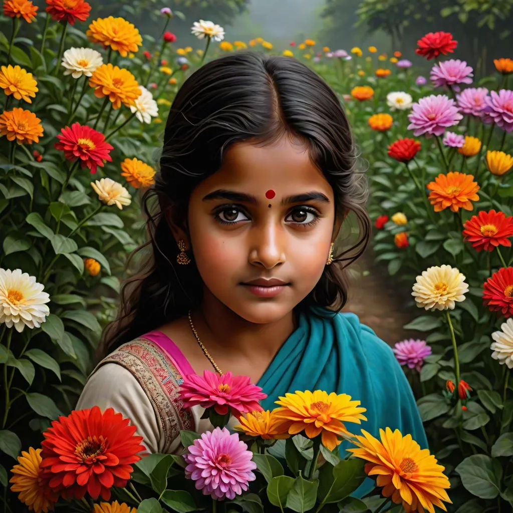 a painting of a girl in a field of flowers with a green shawl on her head and a blue shirt on, visual art, a photorealistic painting, Bholekar Srihari, highly detailed digital painting