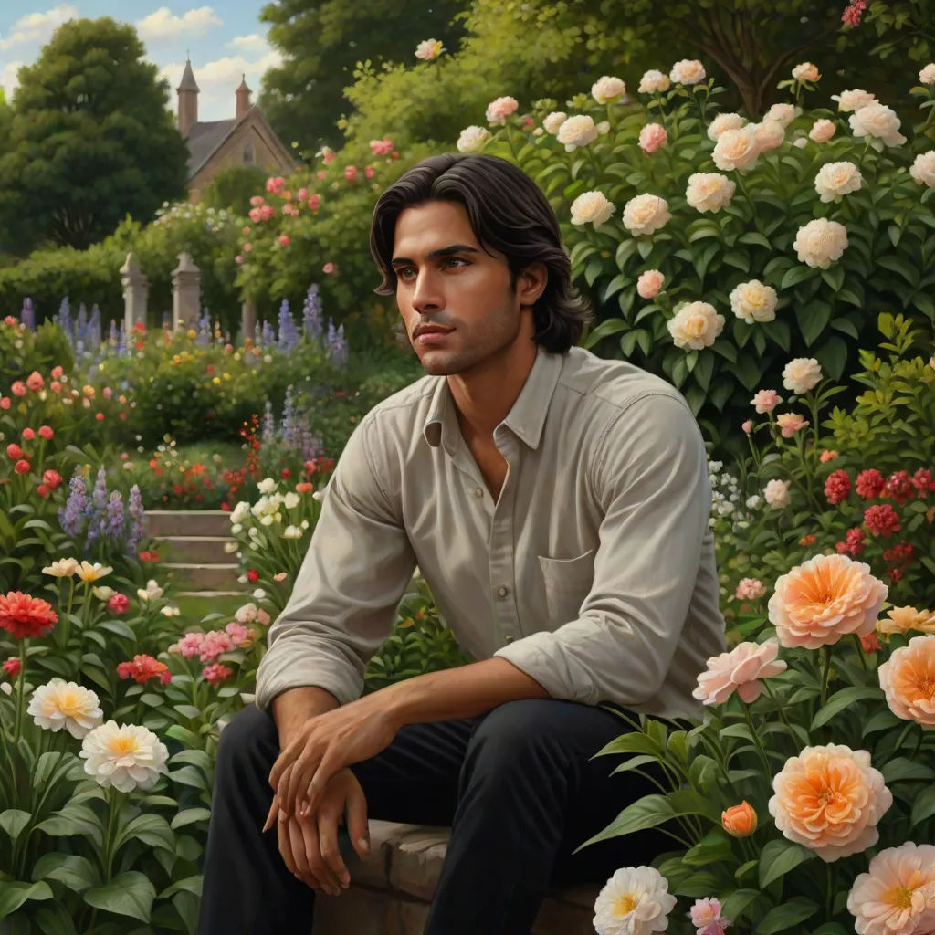 a painting of a man sitting on a bench in a garden of flowers and plants with a house in the background, figurative art, a fine art painting, Aaron Jasinski, kinkade