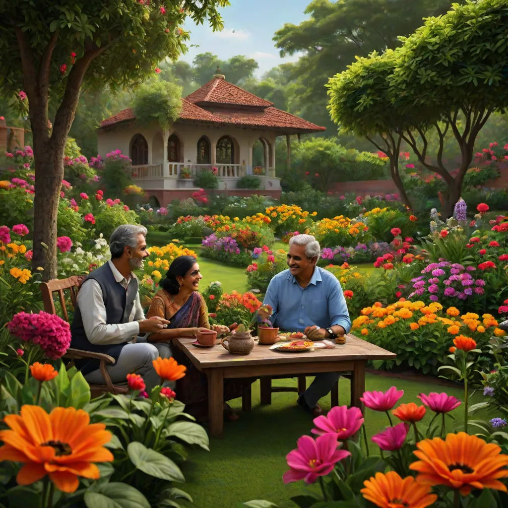 a painting of a family sitting at a table in a garden with flowers and a house in the background, samikshavad, a digital rendering, Bhupen Khakhar, promotional image