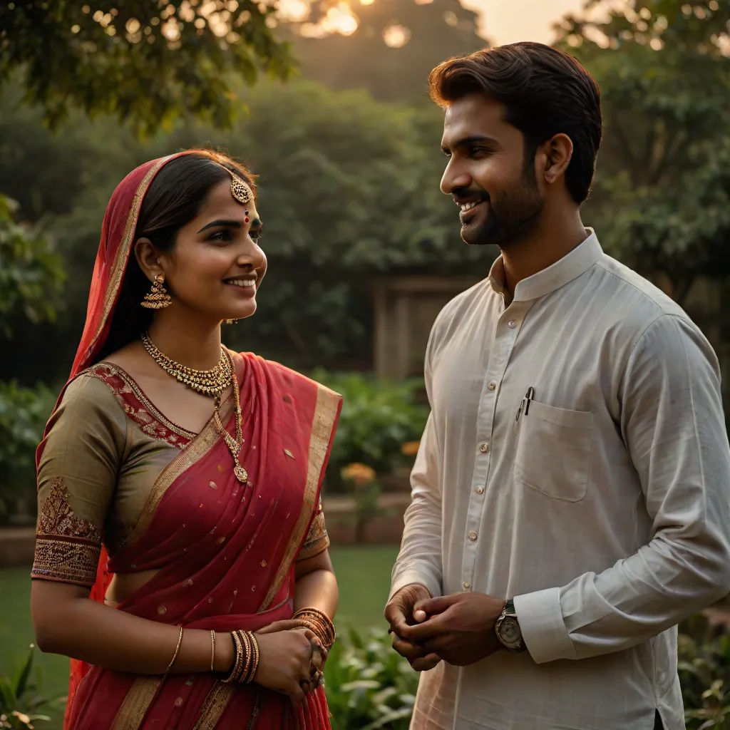 a man and a woman standing next to each other in a garden at sunset or sunrise time, smiling, samikshavad, a stock photo, Bholekar Srihari, promotional image