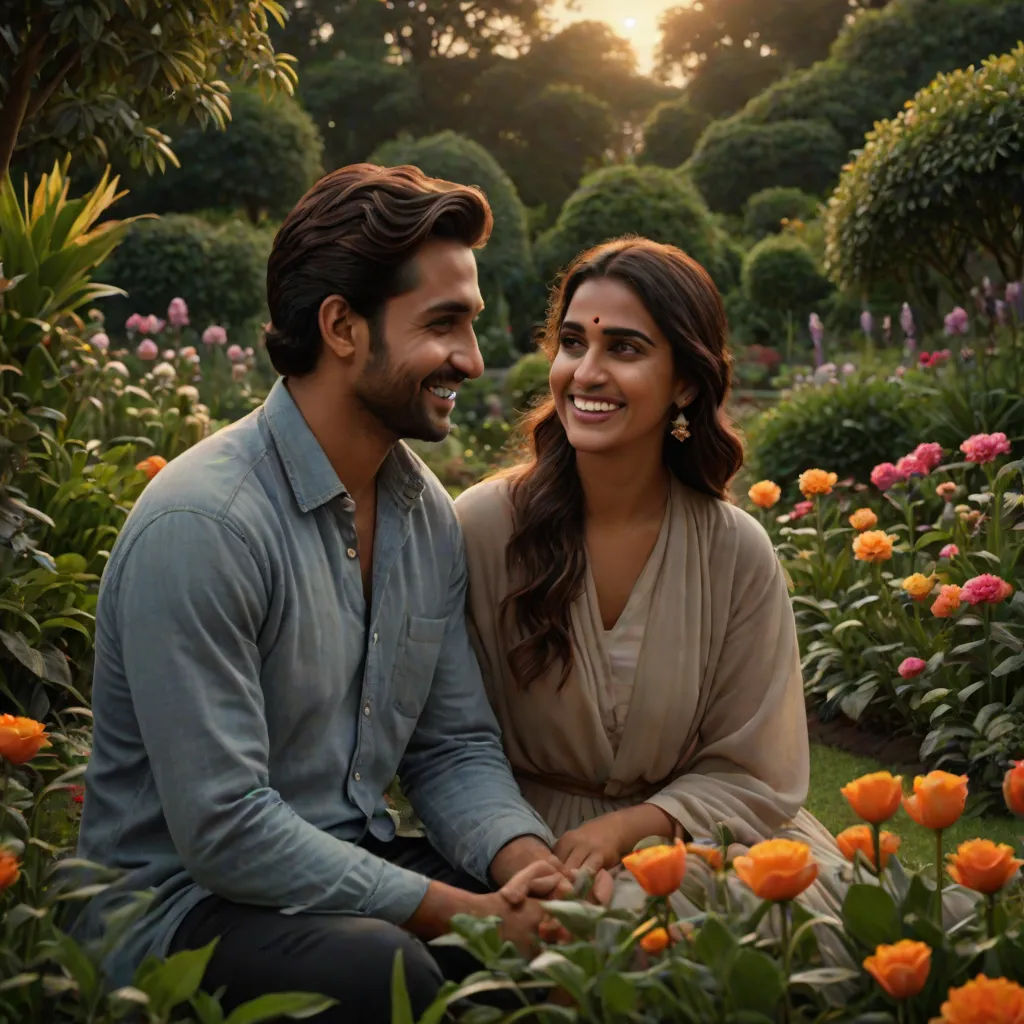 a man and woman sitting in a garden with flowers in the background and a sunset in the background,, samikshavad, a stock photo, Ella Guru, promotional image