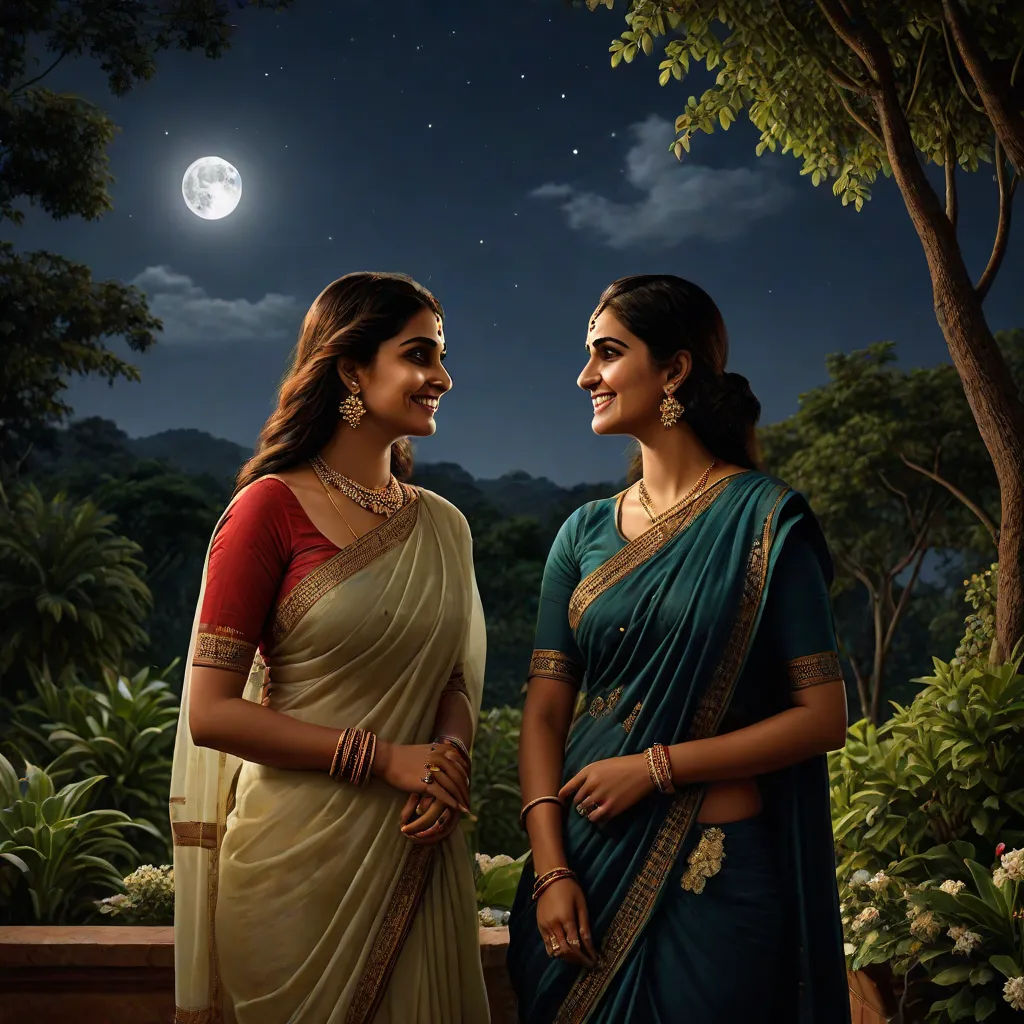 two women standing next to each other in front of a full moon and trees with a full moon in the background, samikshavad, an oil on canvas painting, Ella Guru, promotional image
