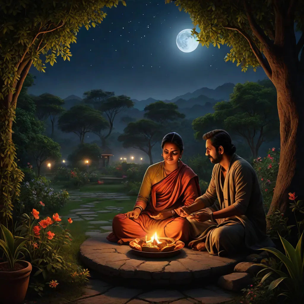 a painting of two people sitting on a stone platform in a park at night with a lit candle in the middle of the picture, metaphysical painting, a storybook illustration, Bholekar Srihari, magical atmosphere